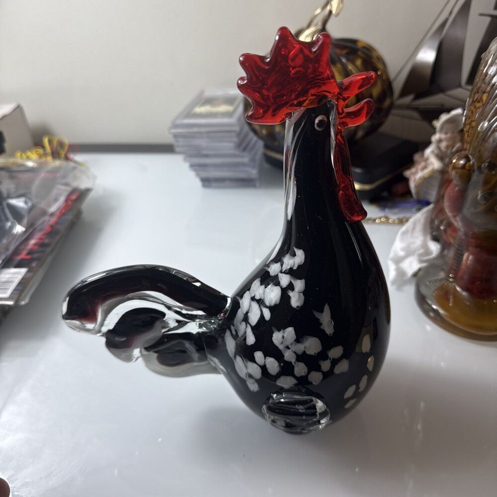 Hand Blown Art Glass Rooster Chicken Figurine Black Red White 8" Decor